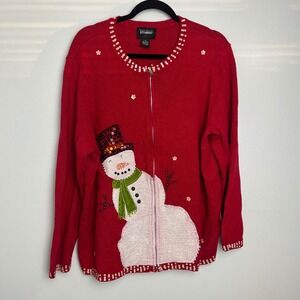 VTG 90s Red Snowman Beaded Sequin Zipper Holiday Christmas Sweater Jacket XL 1X